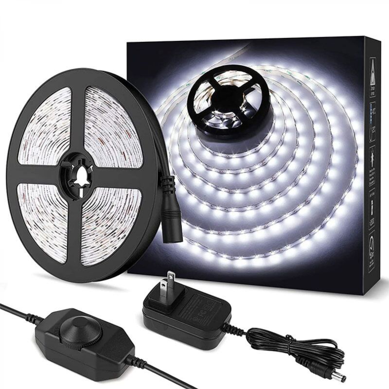 foto del prodotto striscia led ymyny 5m 1200lm bianco freddo dimmerabile, 12v 6000k 300led 2835, striscia led autoadesiva con dimmer, connettori trasformatore,