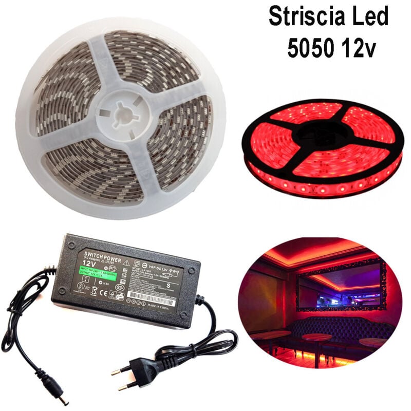 foto del prodotto striscia strip led 5050 5m adesiva luce ip65 alimentatore 12v 5a rosso 12w/m