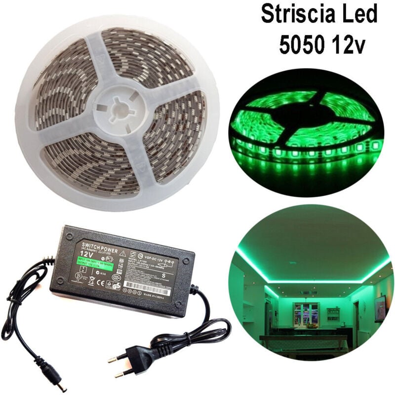 foto del prodotto striscia strip led 5050 5m adesiva luce ip65 alimentatore 12v 5a verde 12w m