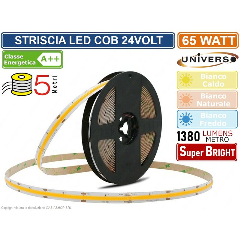 foto del prodotto striscia strip led cob monocolore 65w 6.900 lumen dc24v bobina da 5 metri 480led metro cri 80 ip20 colore luce bianco naturale