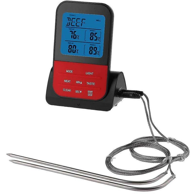 foto del prodotto strumento da cucina per barbecue digitale wireless termometro per carne per alimenti per barbecue con doppia sonda rosso nero