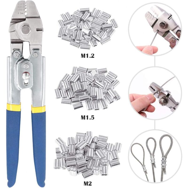 foto del prodotto strumento di crimpatura per cavi metallici fino a 2,2 mm con 150 pezzi di manicotti di crimpatura a doppia canna in alluminio di 3 misure