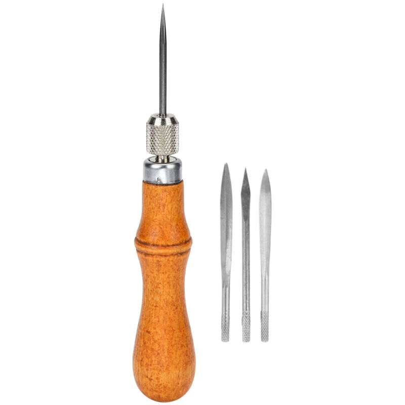 foto del prodotto strumento di cucitura a mano fai da te, strumento artigianale in pelle in legno in acciaio per trapuntatura, fusione di fori e materiale spesso