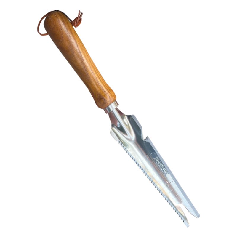 foto del prodotto strumento di diserbo manuale con manico in legno e testa in acciaio inossidabile con misura, estrattore di diserbo per diserbo, piantagione di