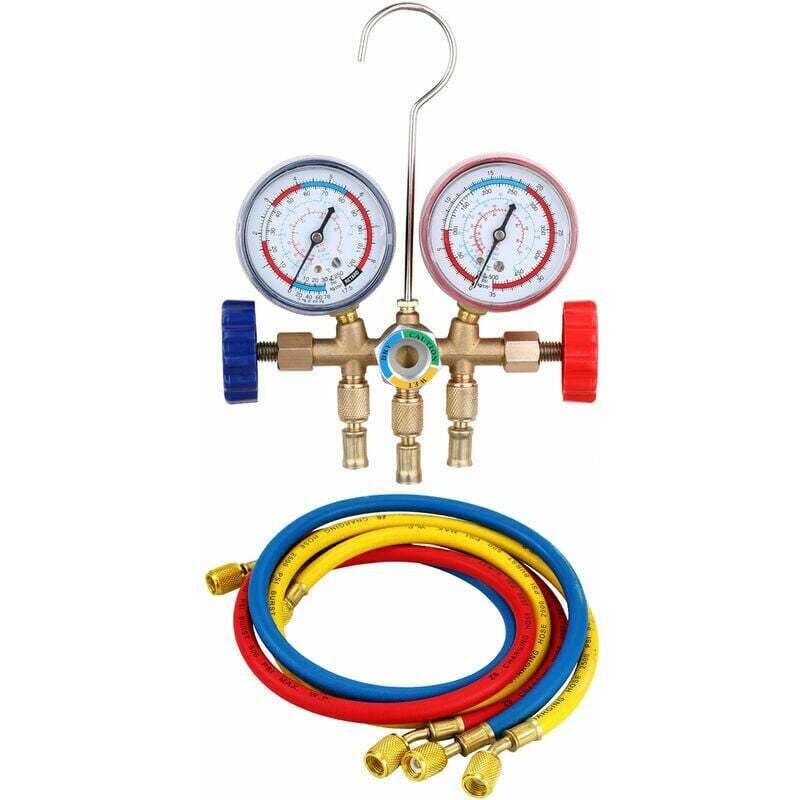 foto del prodotto strumento per aria condizionata con tubo flessibile e gancio per r12 r22 r404a r134a, set manometro collettore refrigerante