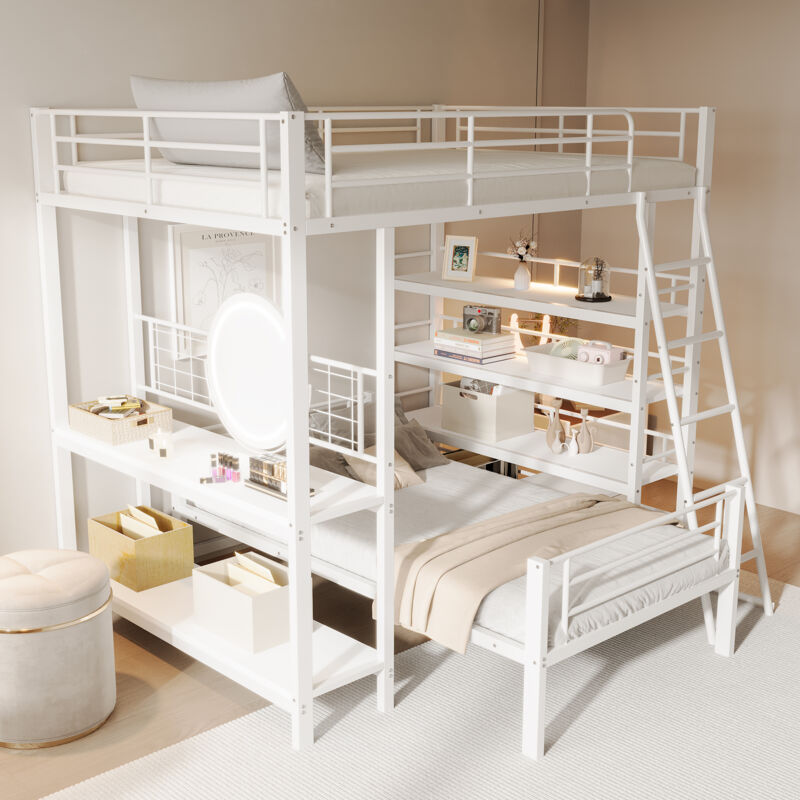 foto del prodotto struttura letto a castello 140x200cm letti matrimoniale adulti bambini con ripiano contenitore aperto, metallo, senza materasso, bianco