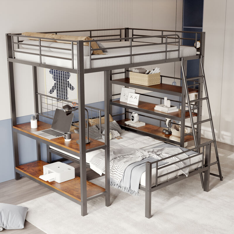 foto del prodotto struttura letto a castello 140x200cm letti matrimoniale adulti bambini con ripiano contenitore aperto, metallo, senza materasso, nero