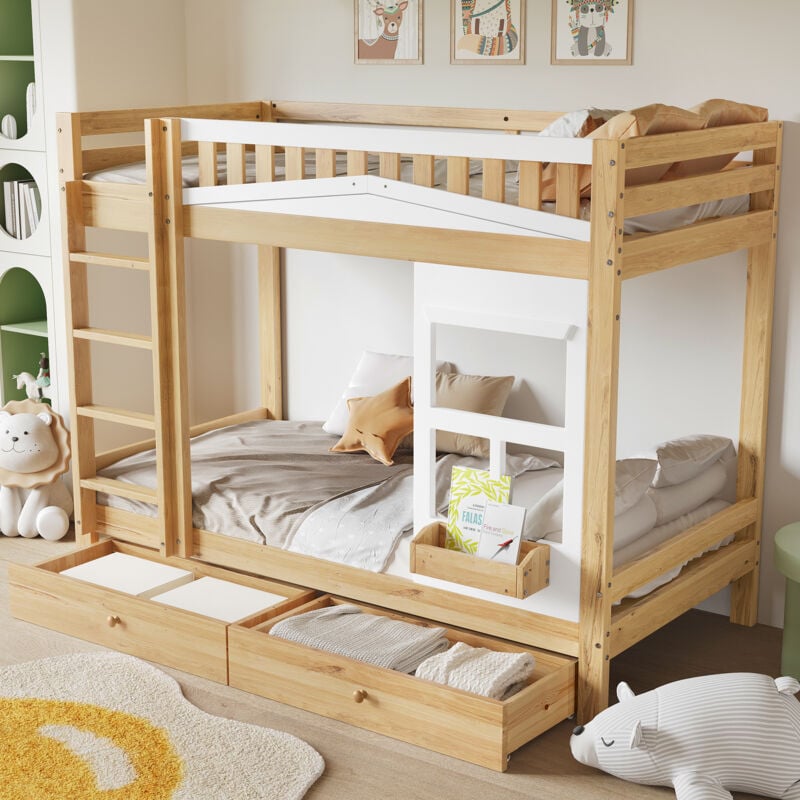 foto del prodotto struttura letto a castello 90x200 cm, letti per bambini con 2 cassetti su ruote, con finestra, legno e mdf, senza materasso, bianco e naturale