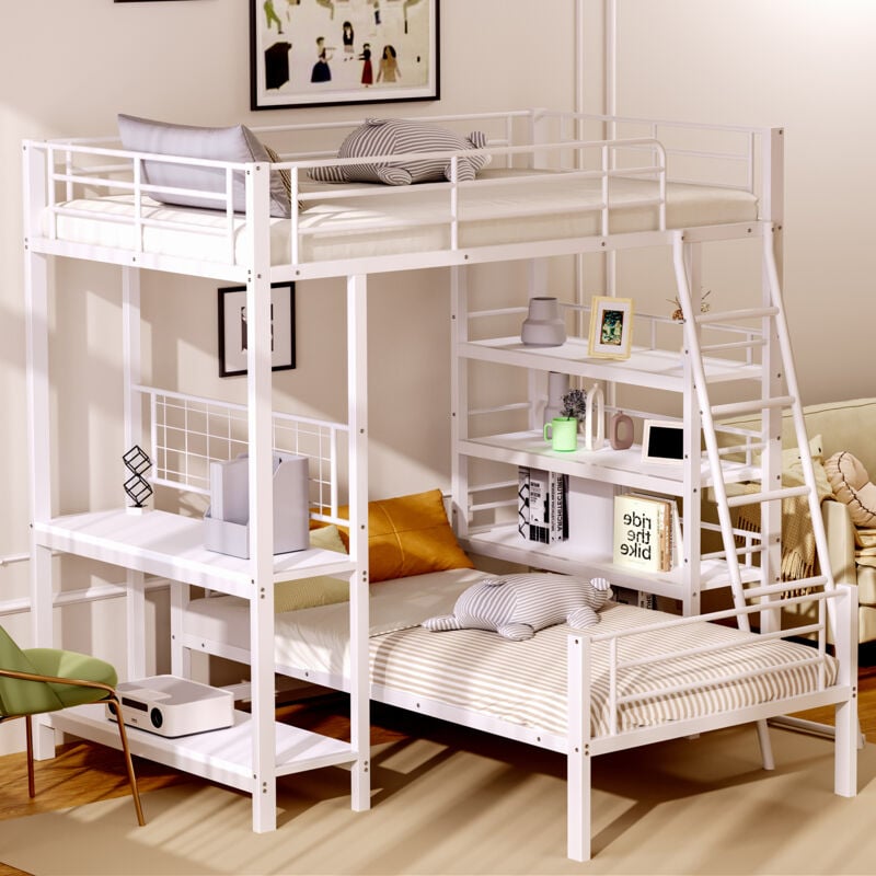foto del prodotto struttura letto a castello 90x200cm letti matrimoniale adulti bambini con ripiano contenitore aperto, metallo, senza materasso, nero