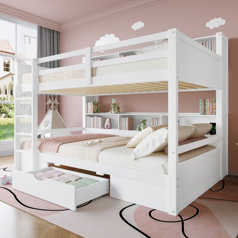 foto del prodotto struttura letto a castello 90x200cm letti matrimoniale per bambini con 1 cassetto, vano contenitore aperto, pino, senza materasso, bianco