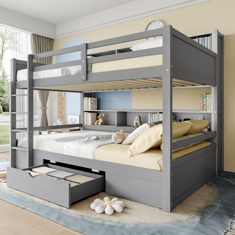 foto del prodotto struttura letto a castello 90x200cm letti matrimoniale per bambini con 1 cassetto, vano contenitore aperto, pino, senza materasso, grigio