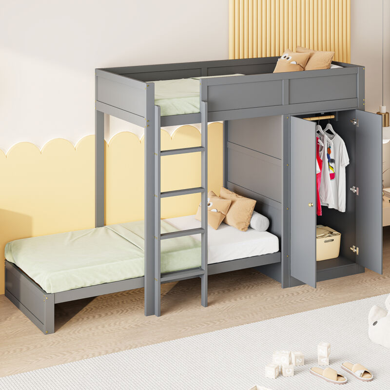 foto del prodotto struttura letto a castello 90x200cm letti matrimoniale per bambini con armadio, in legno, senza materasso, grigio