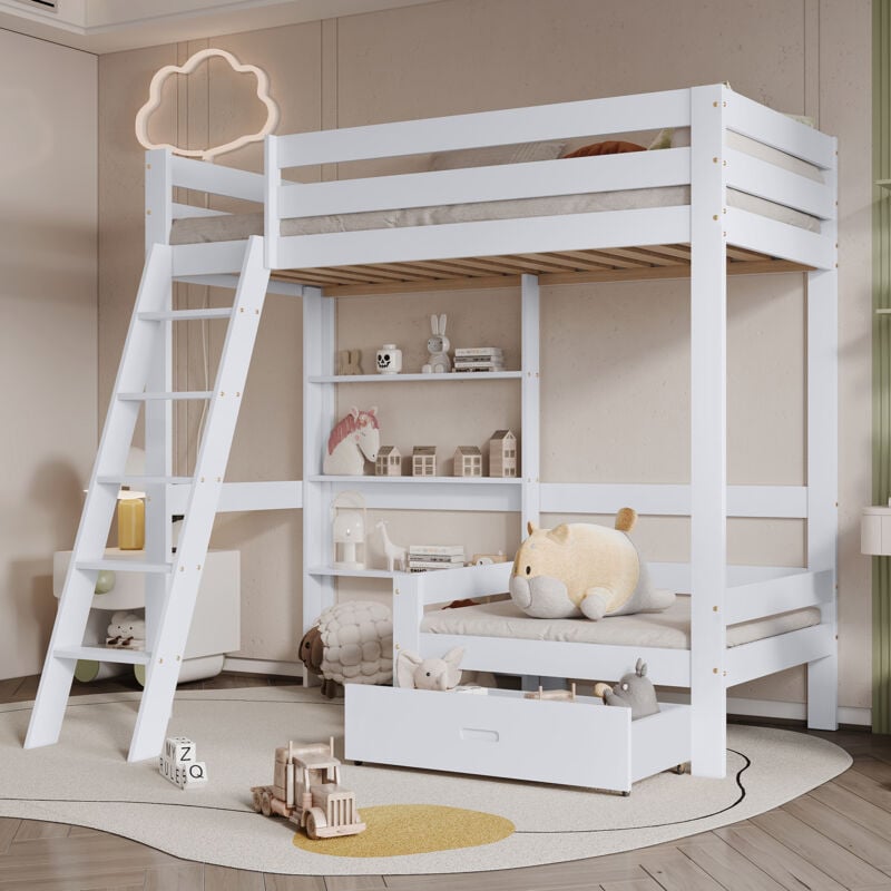 foto del prodotto struttura letto a castello 90x200cm letti singoli per bambini con 1 cassetto e ripiano portaoggetti, poltrona, legno, senza materasso, bianco