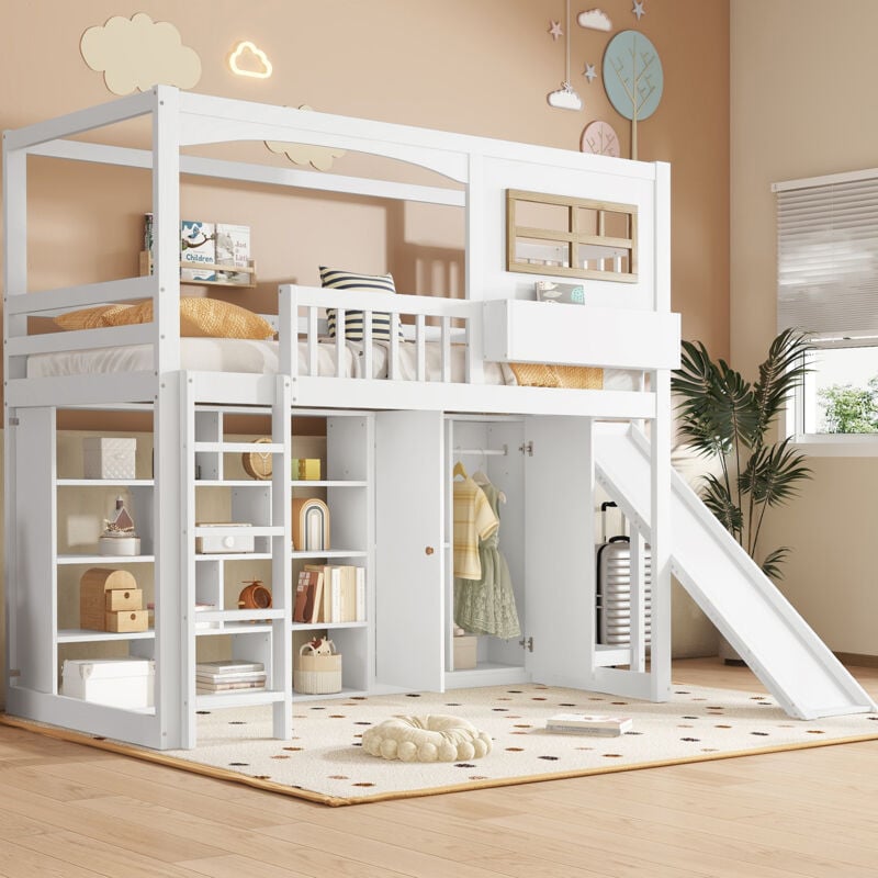 foto del prodotto struttura letto a castello 90x200cm letto singolo a soppalco per bambini con scivolo e armadio, ripiano, mdf compensato pino, senza materasso, bianco
