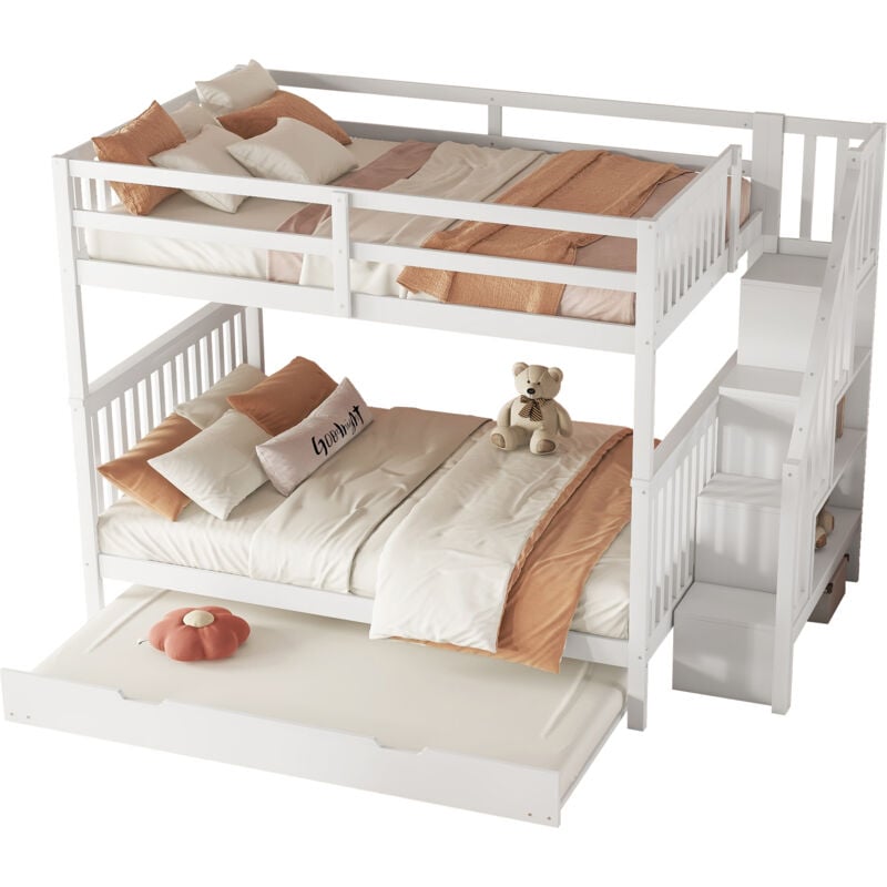 foto del prodotto struttura letto a castello con 4 vani contenitore e 90x190 cm letto estraibile, legno, senza materasso, bianco, letti per bambini 140x200 cm