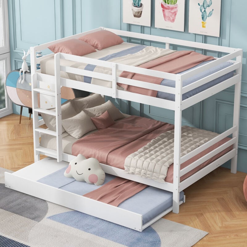 foto del prodotto struttura letto a castello per bambini 140x200cm con letti estraibile, 3 letti, pino, senza materasso, bianco