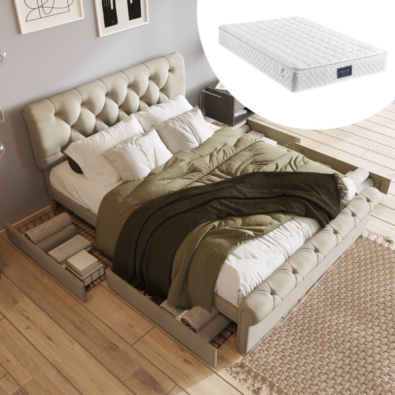 foto del prodotto struttura letto con 4 cassetti, letto matrimoniale imbottito 140x200 cm, testiera regolabile in altezza, letto funzionale chesterfield, naturale con
