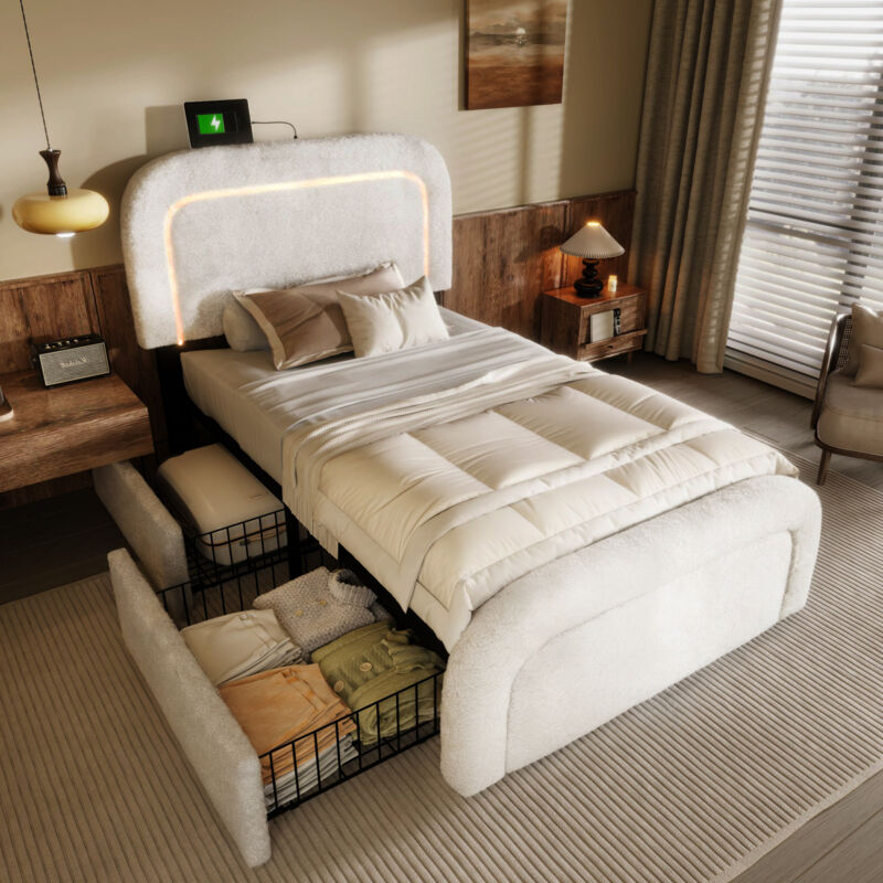 foto del prodotto struttura letto con funzione di ricarica usb tipo c, illuminazione led e 2 cassetti, letto singolo imbottito 90x200 cm, testiera regolabile in