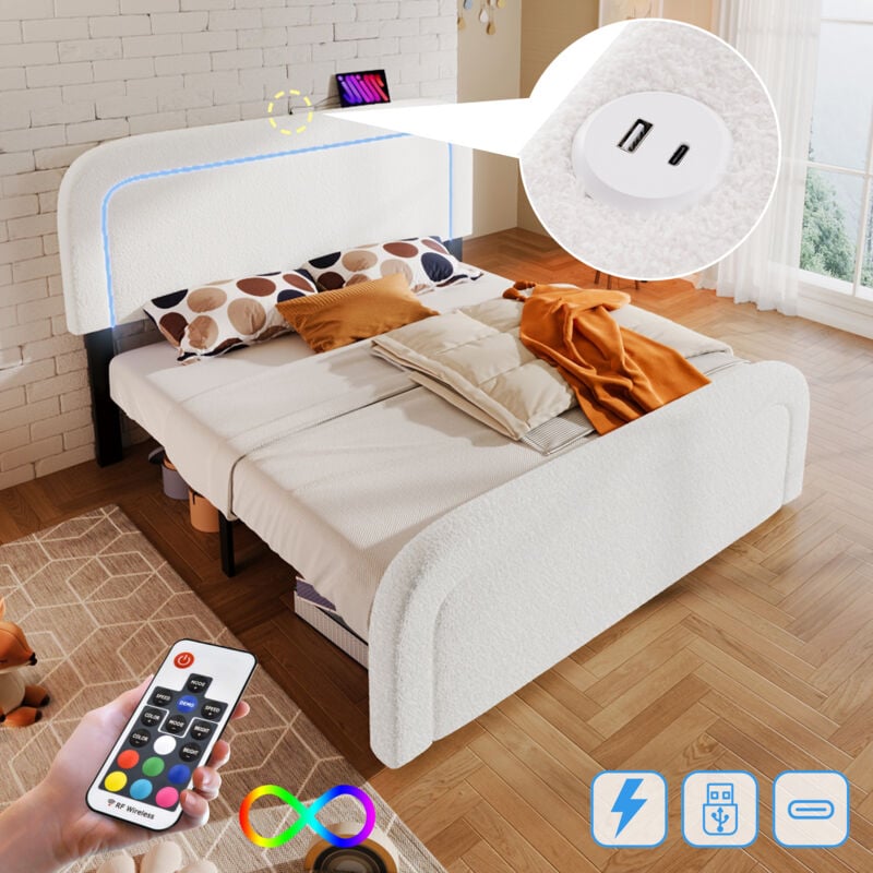 foto del prodotto struttura letto con funzione di ricarica usb tipo c, illuminazione led, letto matrimoniale imbottito 160x200 cm, testiera regolabile in altezza, rete