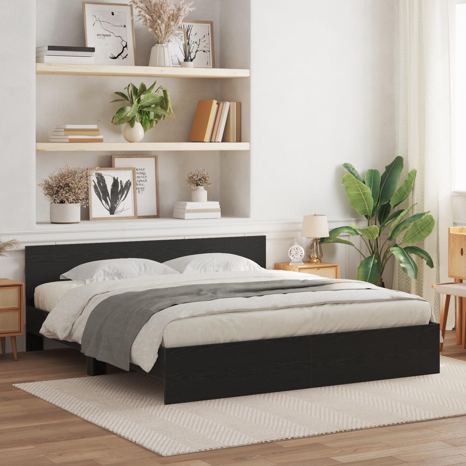 foto del prodotto struttura letto con testata rovere nero 180x200 cm legno ingegnerizzato