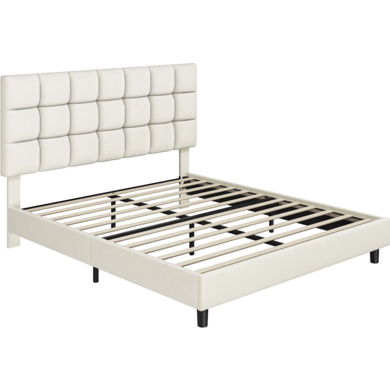 foto del prodotto struttura letto con testiera imbottita supporto di doghe in legno testiera quadrata altezza regolabile moderno beige 140 x 200 cm yaheetech