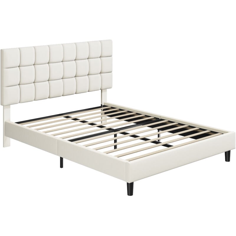 foto del prodotto struttura letto con testiera imbottita supporto di doghe in legno testiera quadrata altezza regolabile moderno beige 160 x 200 cm yaheetech