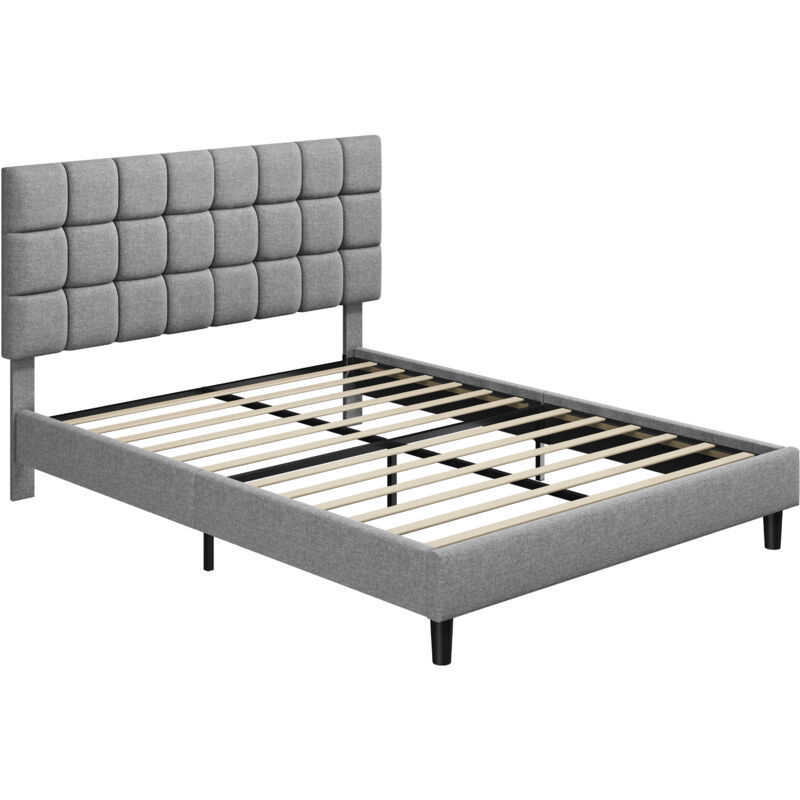 foto del prodotto struttura letto con testiera imbottita supporto di doghe in legno testiera quadrata altezza regolabile moderno chiaro grigio 160 x 200 cm yaheetech