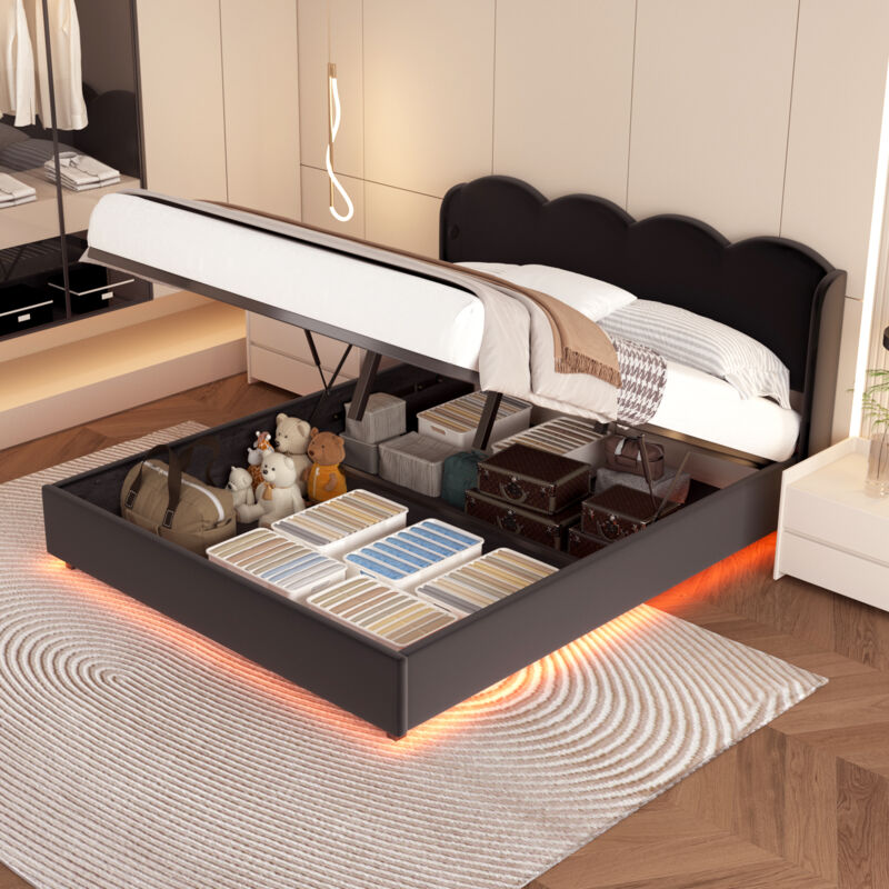foto del prodotto struttura letto imbottita, struttura letto a struttura piatta a forma di tagliatella, adatta per letto matrimoniale, con luce led, interfaccia di