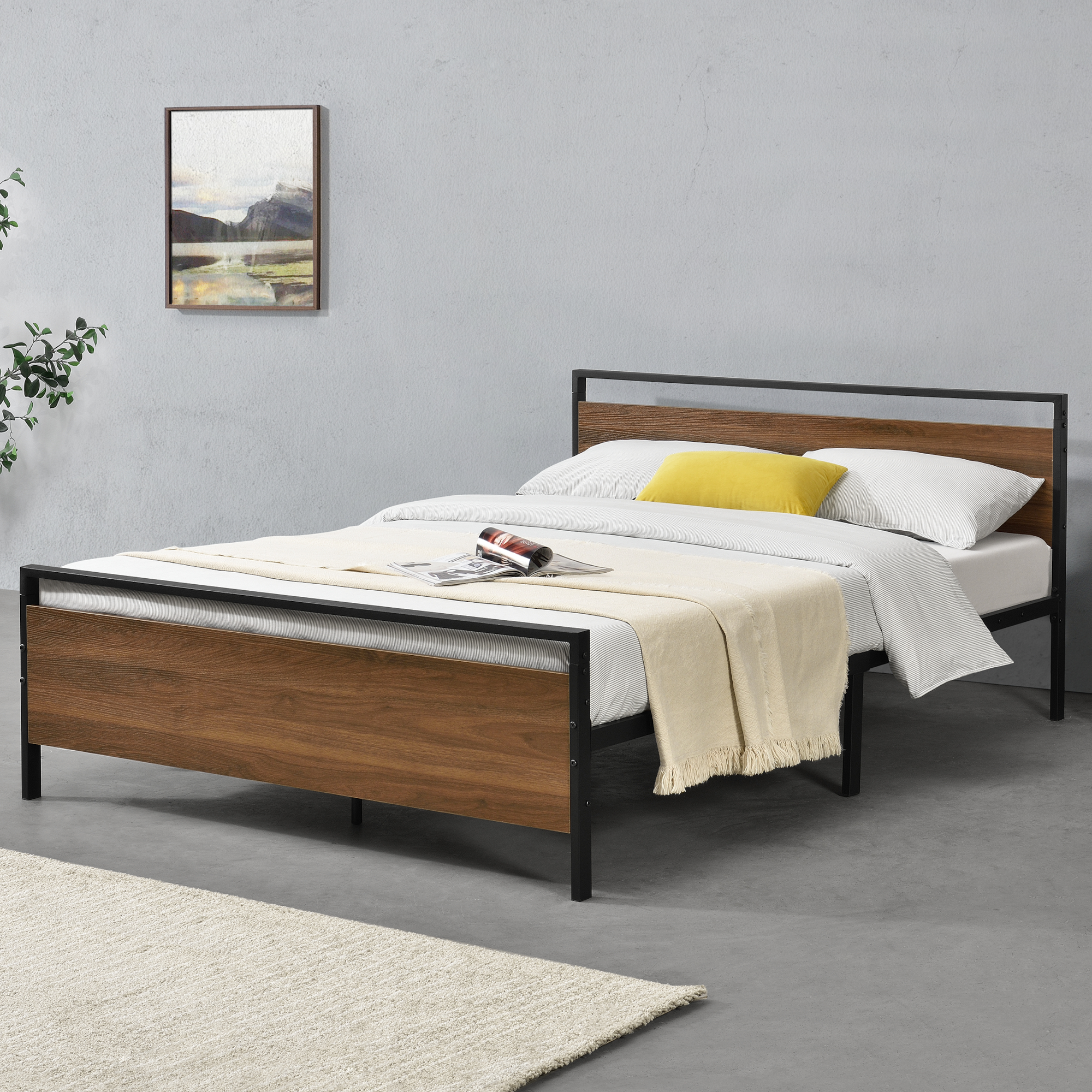 foto del prodotto struttura letto in acciaio 140 x 200 cm testiera e pediera decorate con panelli in effetto legno di color noce letto