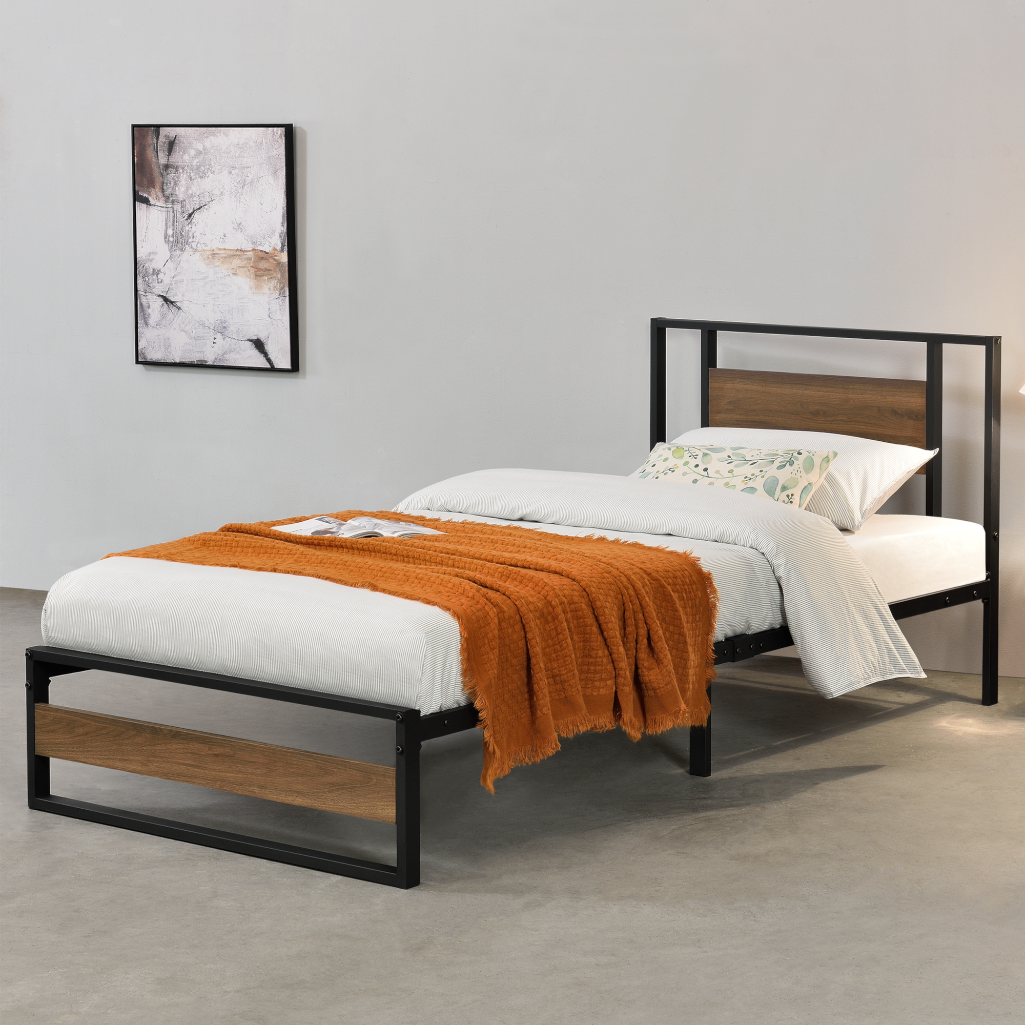foto del prodotto struttura letto in acciaio con elementi decorativi in effetto legno di color noce 200 x 90 cm letto singolo in stile