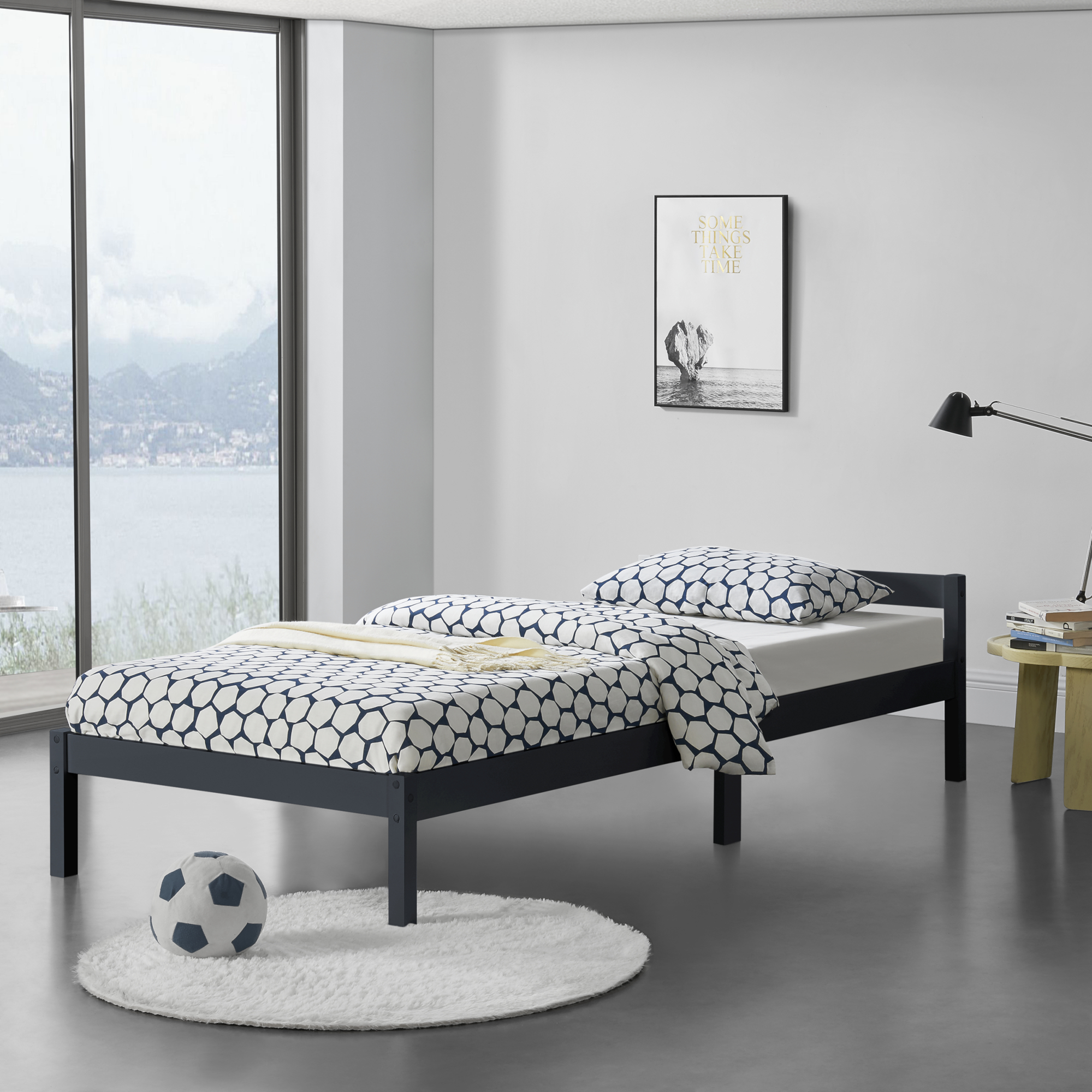 foto del prodotto struttura letto in legno di pino 90 x 200 cm con testiera bassa letto singolo in design minimal - grigio scuro
