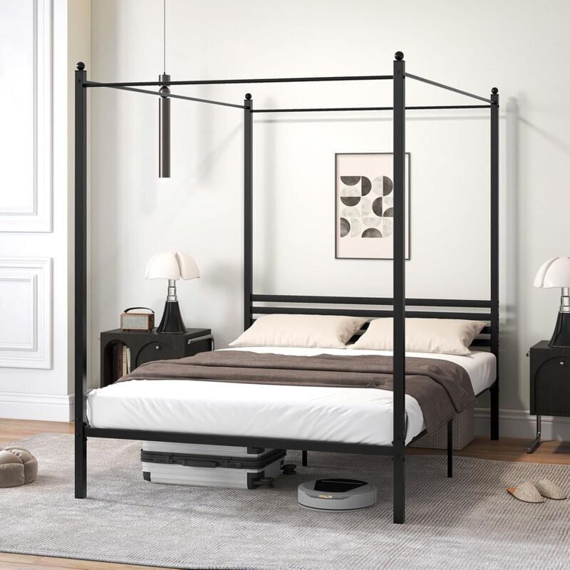 foto del prodotto struttura letto in metallo 200x140 cm, telaio da letto matrimoniale con testiera e 4 poste, sostegno robusto in metallo, carico massimo 300kg