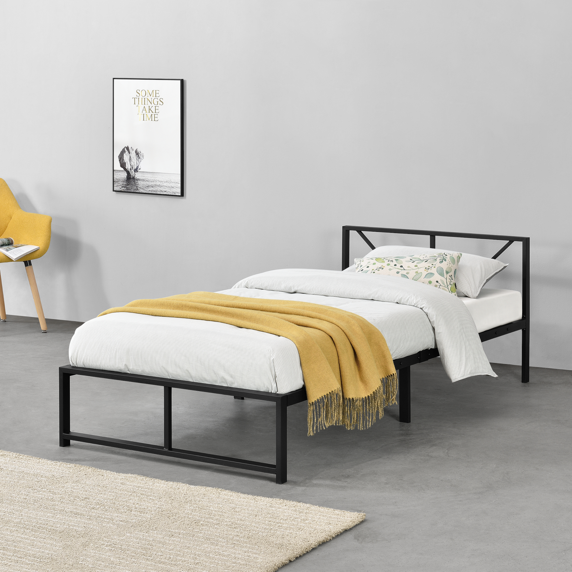 foto del prodotto struttura letto in metallo 90x200 cm letto singolo con testiera decorativa letto in stile classico moderno nero