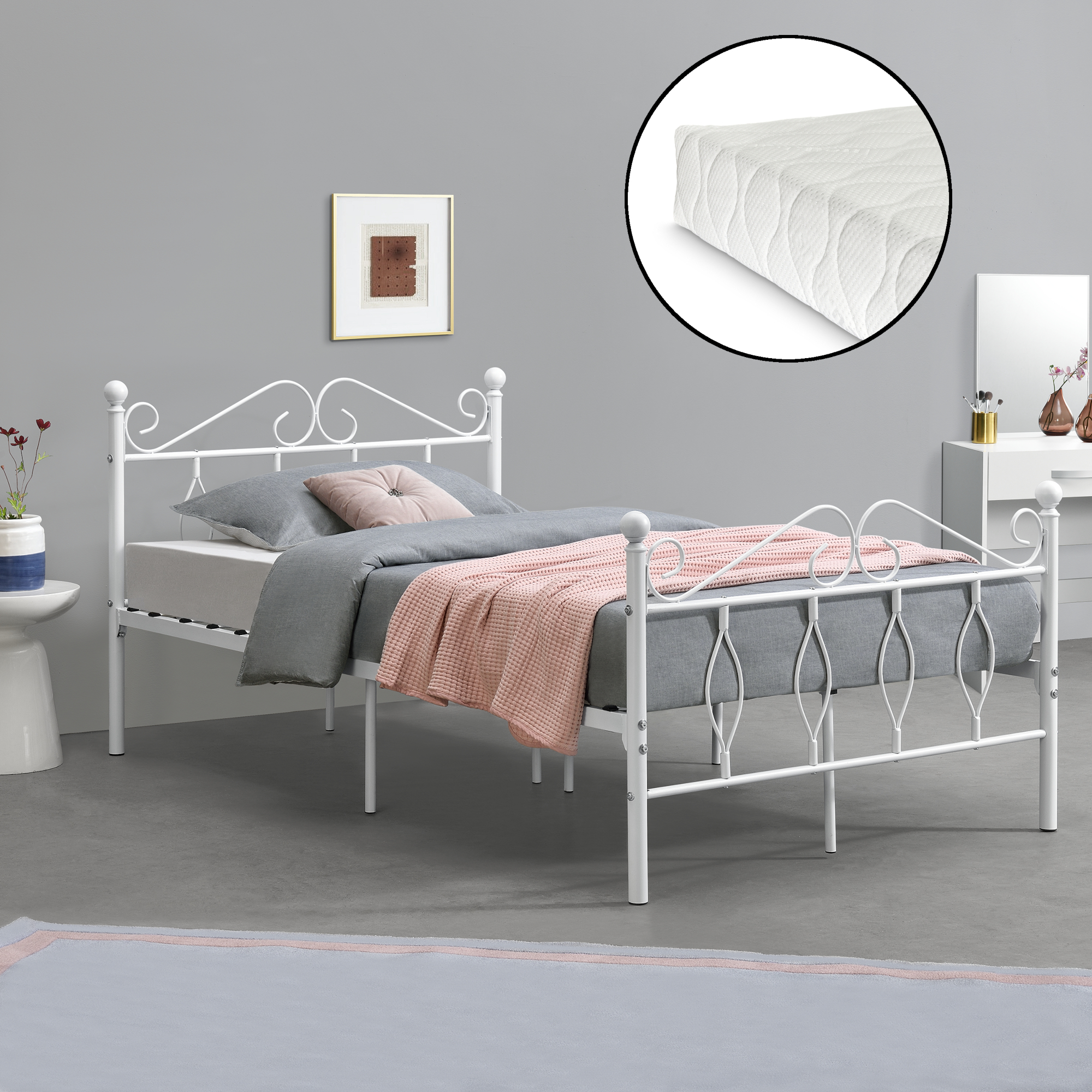 foto del prodotto struttura letto in metallo con testiera e pediera in stile romantico classico con materasso 120 x 200 cm letto 1 piazza