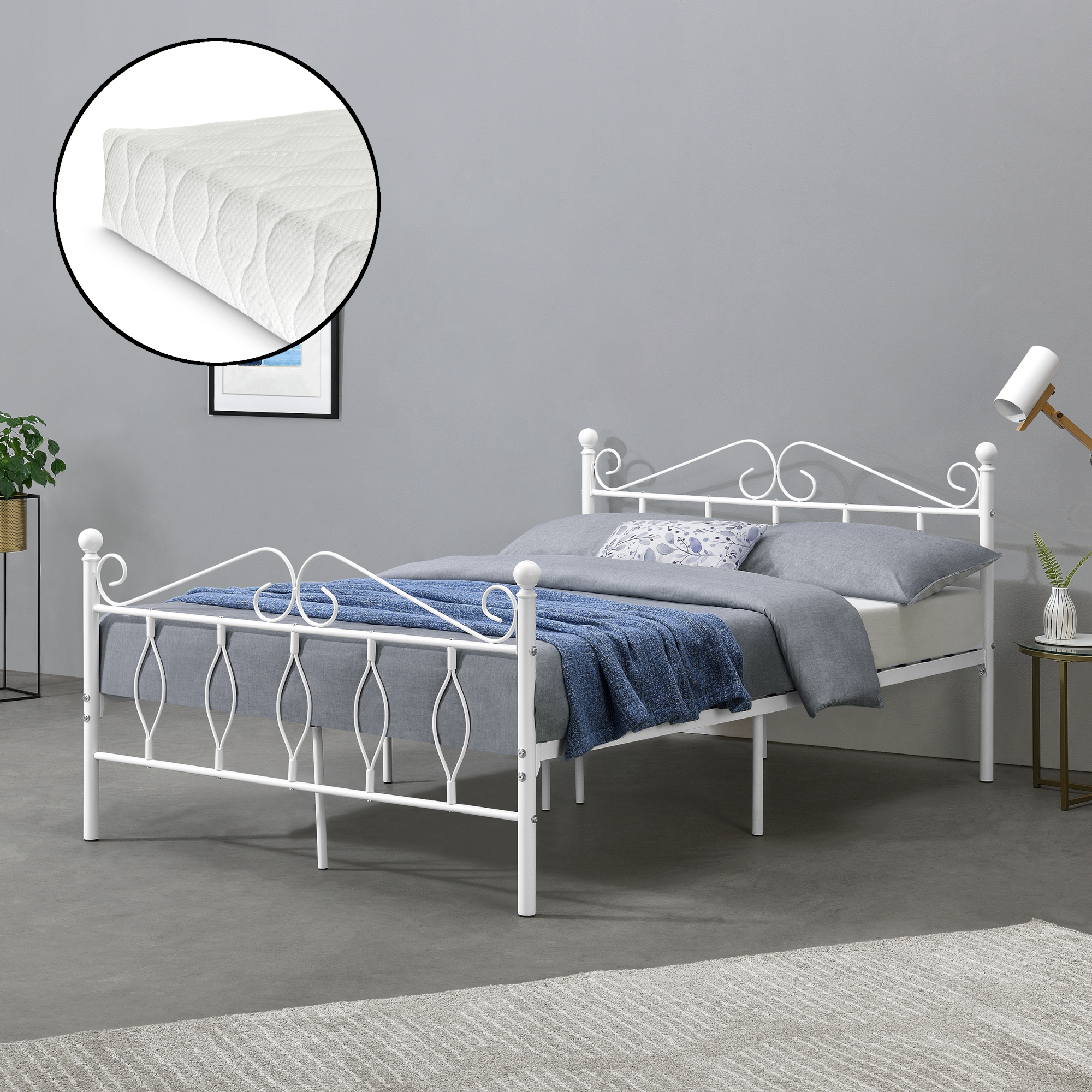 foto del prodotto struttura letto in metallo con testiera e pediera in stile romantico classico con materasso 140 x 200 cm letto francese