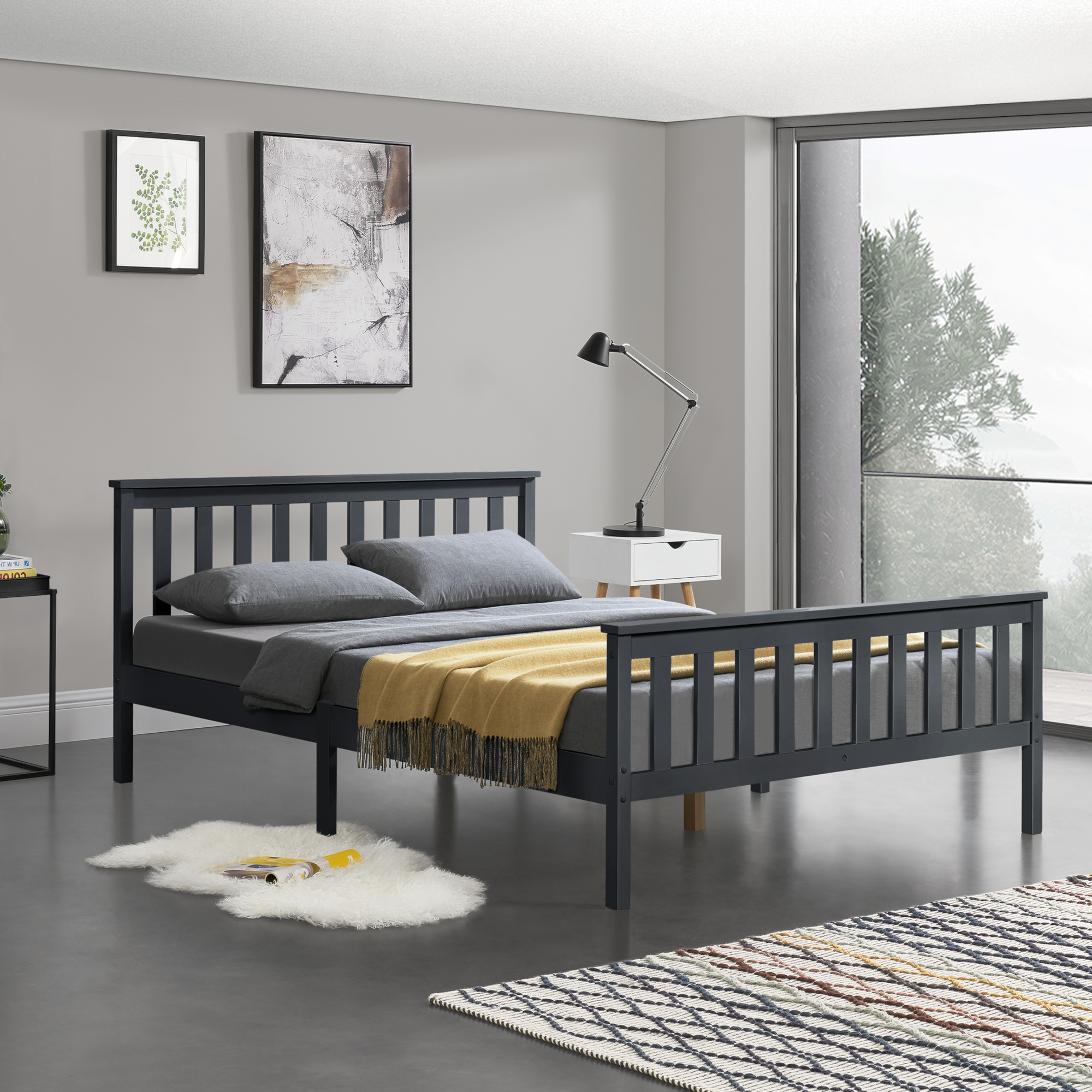 foto del prodotto struttura letto matrimoniale breda 160 x 200 cm letto in legno di pino con testiera e pediera grigio scuro en.casa 