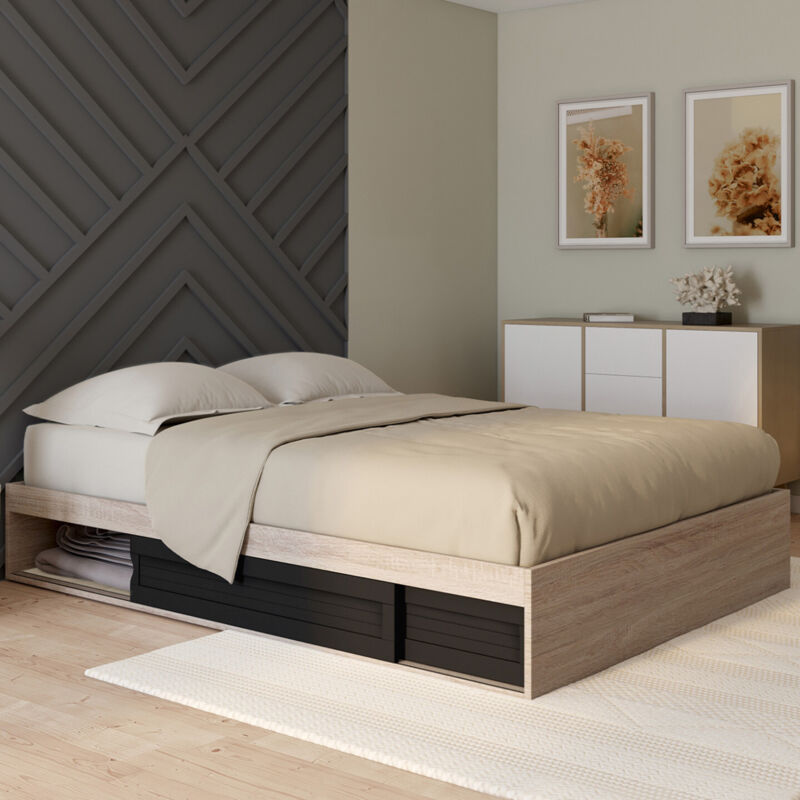 foto del prodotto struttura letto salem con contenitore e base 140 x 190 cm nera e effetto legno