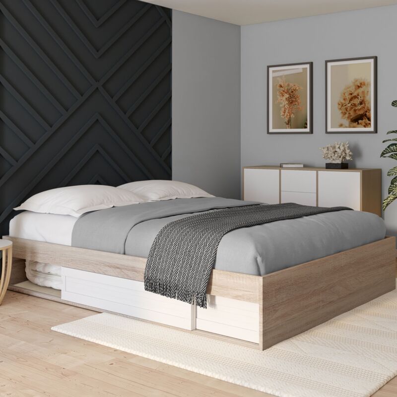 foto del prodotto struttura letto salem con contenitore e base 160 x 200 cm effetto legno e bianco