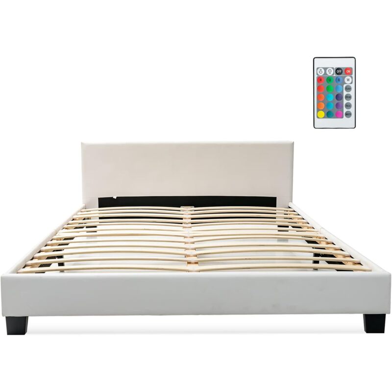 foto del prodotto struttura per letto matrimoniale in legno, con testiera imbottita luce led multicolore e telecomando, 210 x 145 x 66 cm, capacit di carico 200 kg,