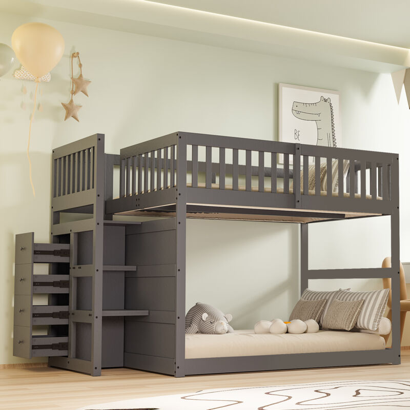foto del prodotto strutture letto a castello 140x200cm, letto per bambini, spazio contenitore, con cassetti, barriera di sicurezza, legno, grigio