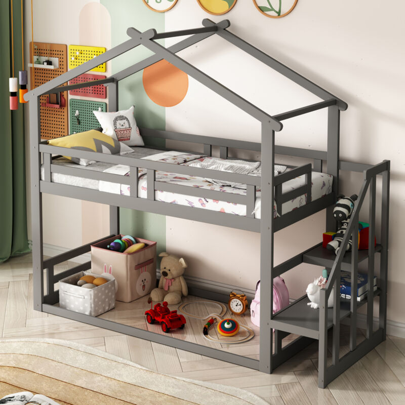 foto del prodotto strutture letto a castello 90 x 200 cm, letto per bambini con scaletta di sicurezza e rete a doghe, legno, grigio