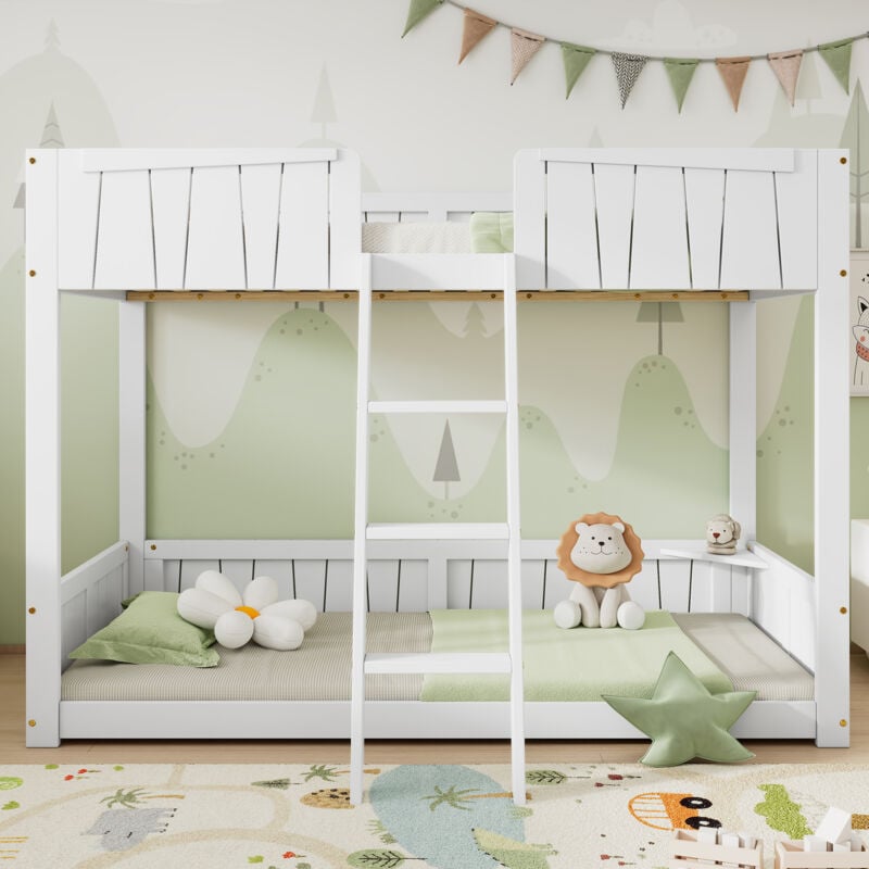 foto del prodotto strutture letto a castello 90x200 cm, letto per bambini, scaletta a 3 gradini, barriera con doghe in legno, pino mdf, bianco