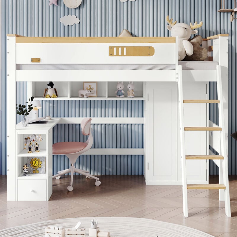 foto del prodotto strutture letto a castello 90x200 cm, letto per bambini, tavolo armadio, anticaduta, ripiani aperti, scala, pino mdf, bianco
