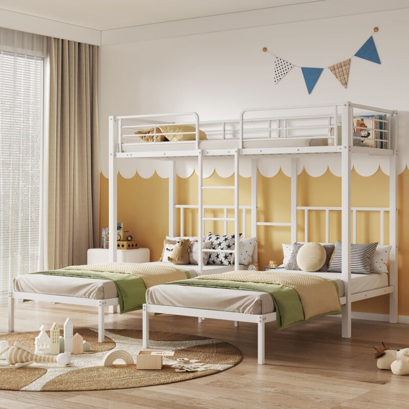foto del prodotto strutture letto a castello 90x200cm, letti per bambini triplo, 3 posizioni, metallo, senza materasso, bianco