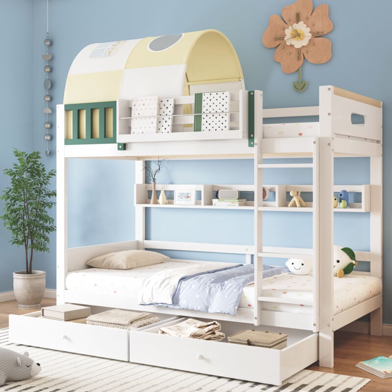 foto del prodotto strutture letto a castello 90x200cm, letto per bambini, letto a soppalco, 2 cassetti, con scale, anticaduta, pino mdf, bianco