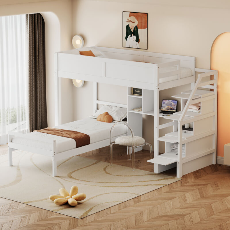 foto del prodotto strutture letto a castello 90x200cm, letto per bambini, scrivania due in uno e vano contenitore, legno, bianco