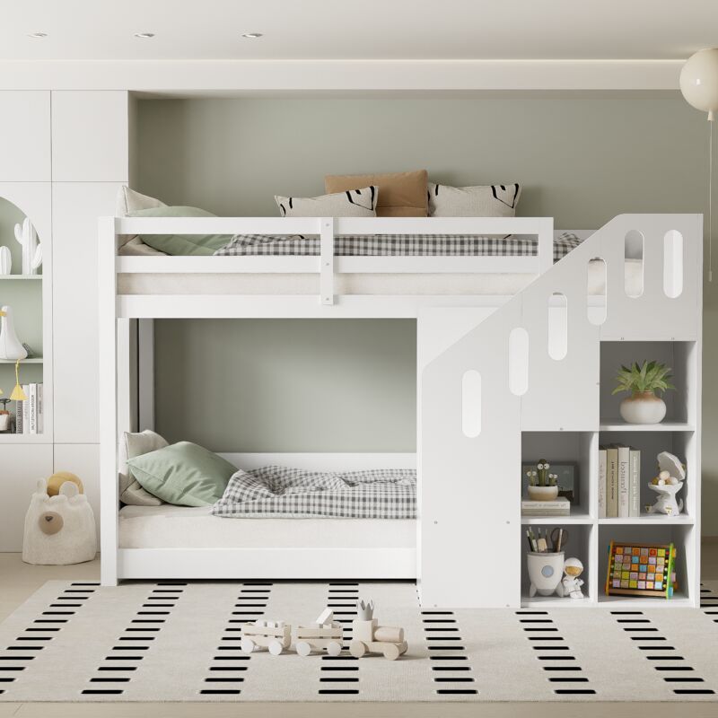 foto del prodotto strutture letto a castello per bambini 90x200 cm, con scaletta e contenitore, anticaduta, senza materasso, legno, bianco