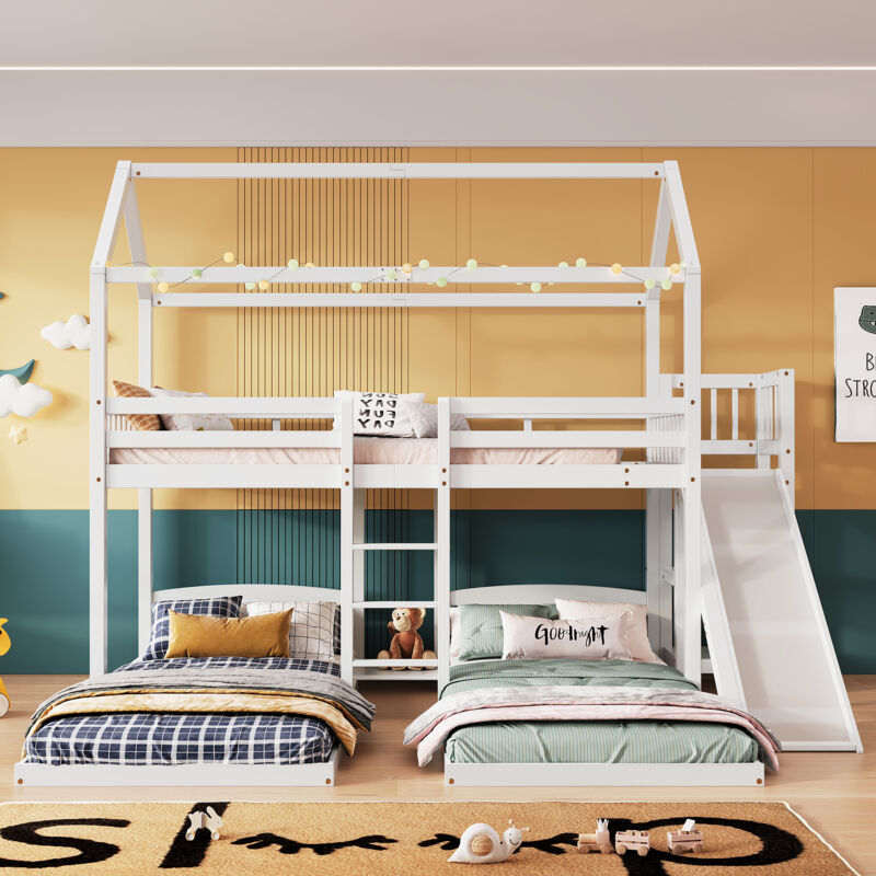 foto del prodotto strutture letto a castello per bambini 90x200 cm, con scivolo, 3 letti, letto a soppalco con tetto, anticaduta, pino mdf, bianco