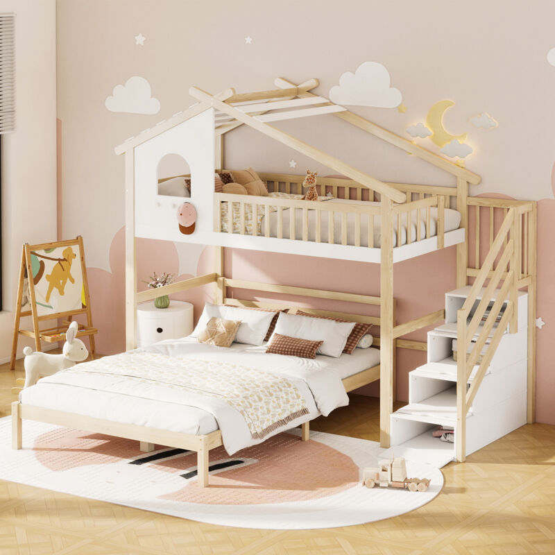 foto del prodotto strutture letto a castello per bambini 90x200cm 140x200cm, scala contenitore, letto a soppalco, senza materasso, bianco naturale