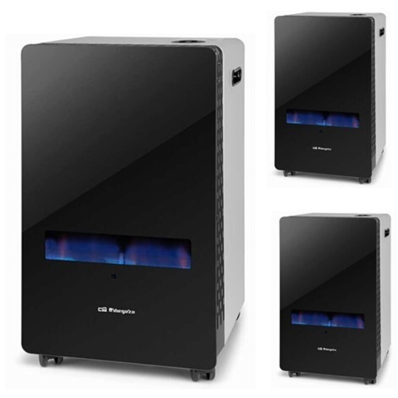 foto del prodotto stufa a gas da terrazza. finitura nera. potenza massima 11000 w. calore immediato. funziona a butano/propano. altezza 1,36 m.